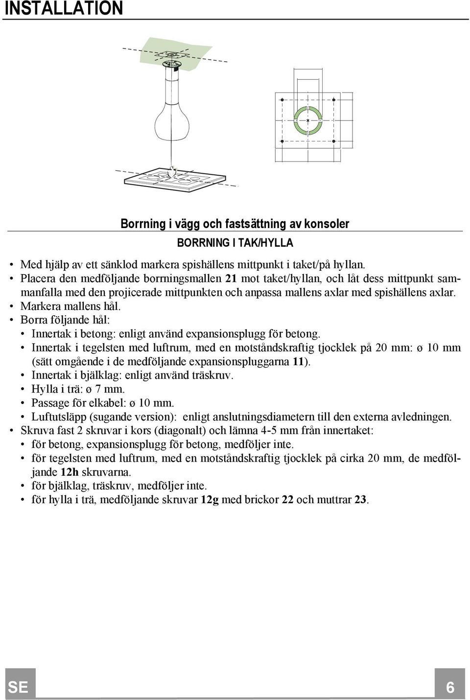 Borra följande hål: Innertak i betong: enligt använd expansionsplugg för betong.