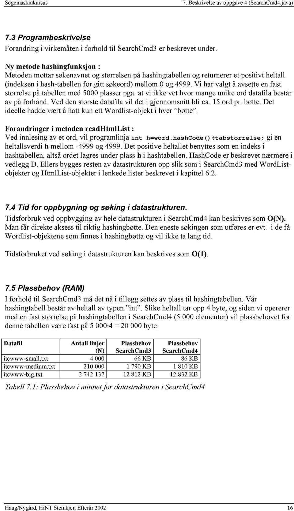 Vi har valgt å avsette en fast størrelse på tabellen med 5000 plasser pga. at vi ikke vet hvor mange unike ord datafila består av på forhånd. Ved den største datafila vil det i gjennomsnitt bli ca.