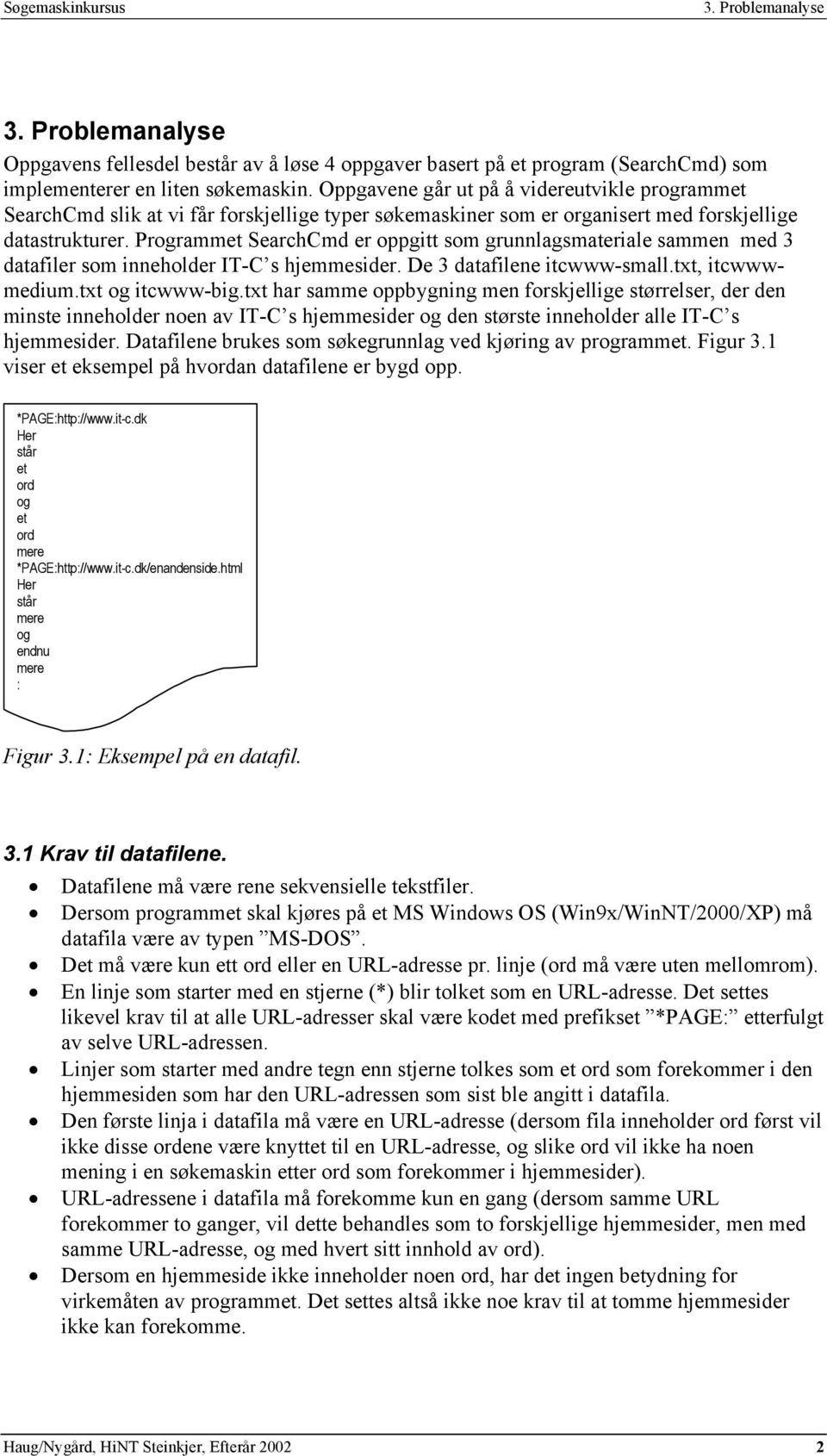 Programmet SearchCmd er oppgitt som grunnlagsmateriale sammen med 3 datafiler som inneholder IT-C s hjemmesider. De 3 datafilene itcwww-small.txt, itcwwwmedium.txt og itcwww-big.