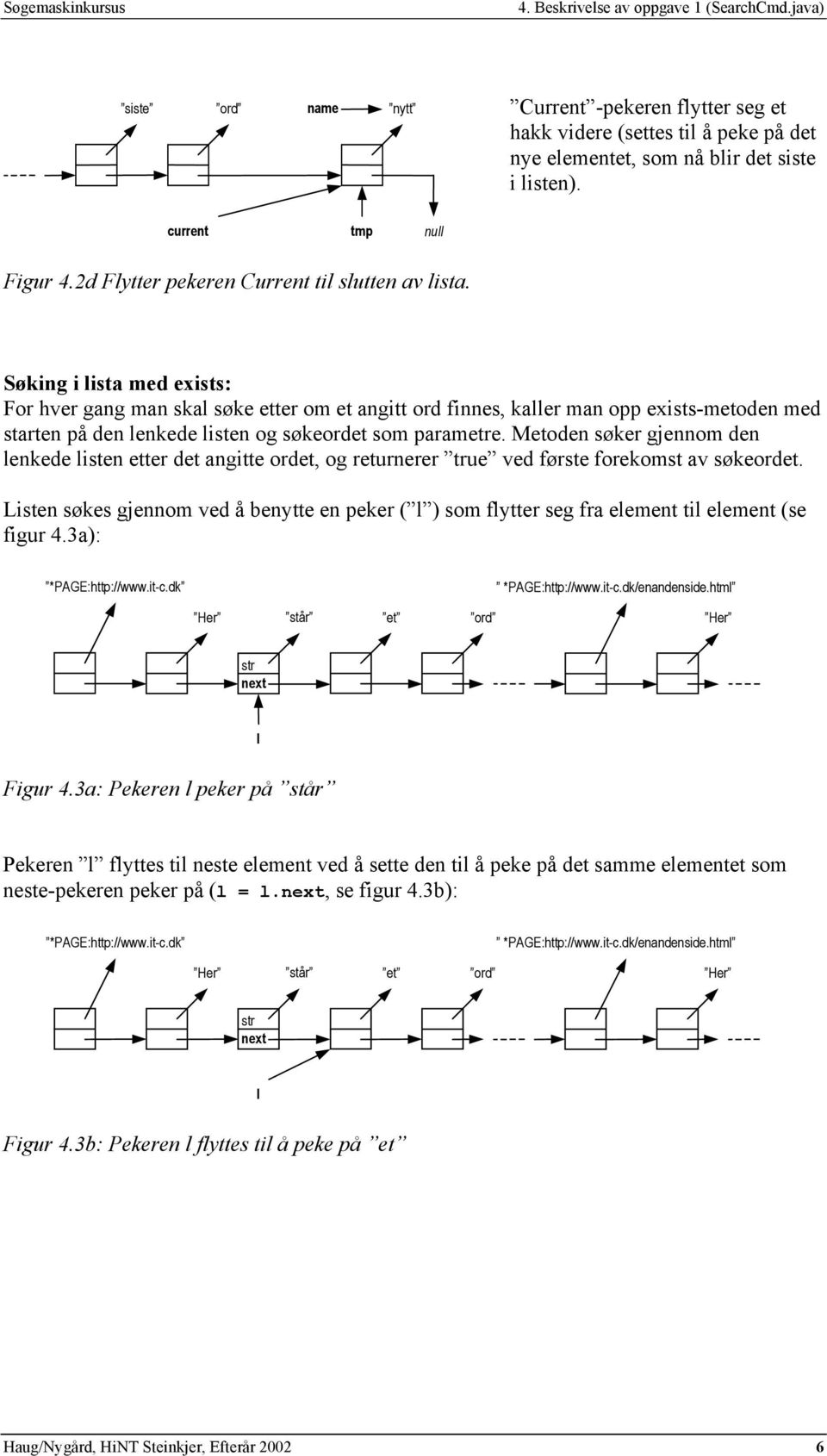 Søking i lista med exists: For hver gang man skal søke etter om et angitt ord finnes, kaller man opp exists-metoden med starten på den lenkede listen og søkeordet som parametre.