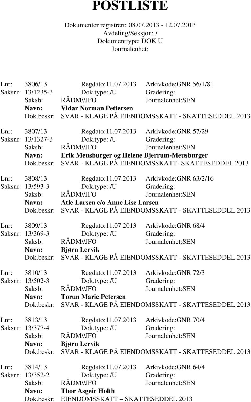 2013 Arkivkode:GNR 63/2/16 Saksnr: 13/593-3 Dok.type: /U Gradering: Navn: Atle Larsen c/o Anne Lise Larsen Lnr: 3809/13 Regdato:11.07.2013 Arkivkode:GNR 68/4 Saksnr: 13/369-3 Dok.