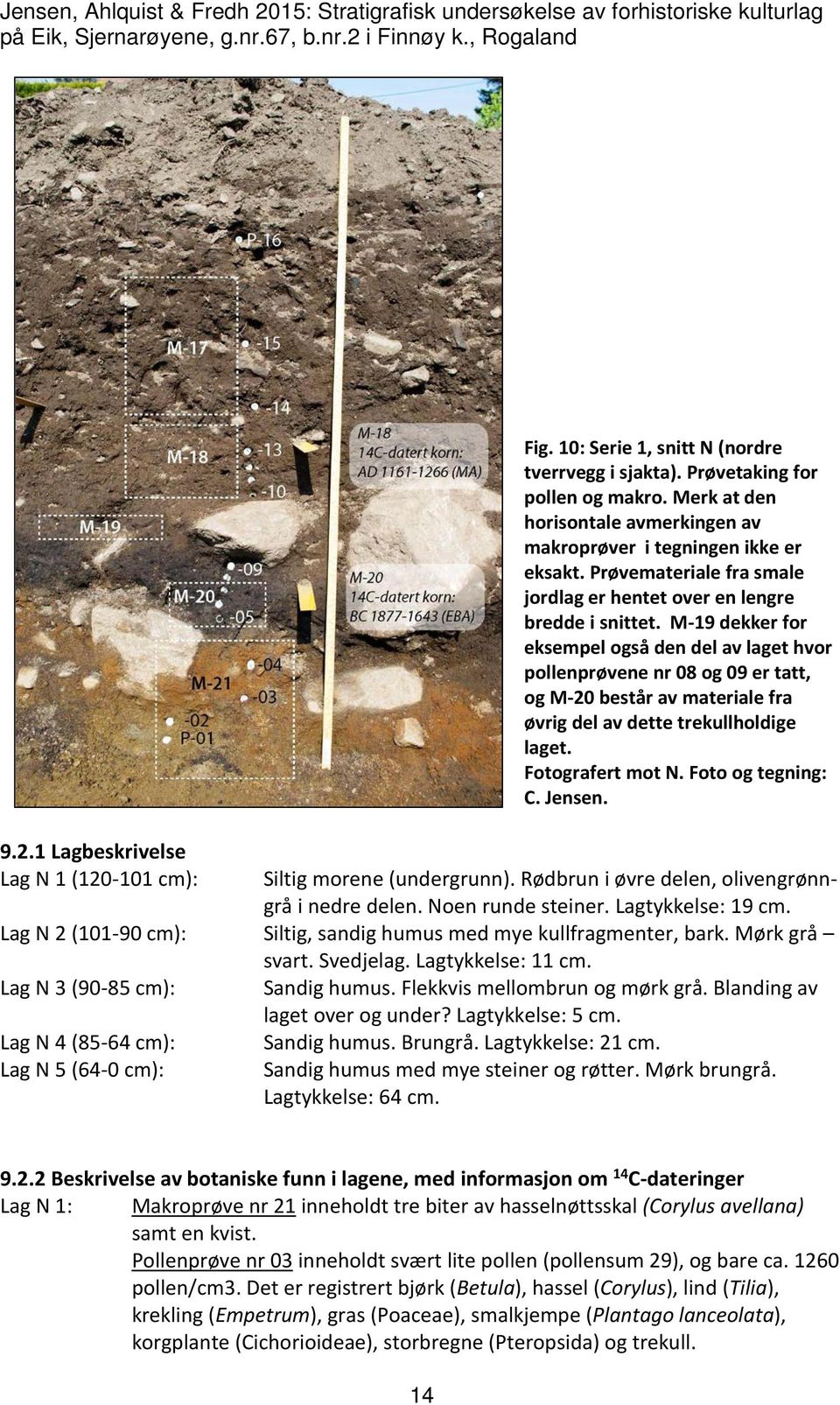 M-19 dekker for eksempel også den del av laget hvor pollenprøvene nr 08 og 09 er tatt, og M-20 består av materiale fra øvrig del av dette trekullholdige laget. Fotografert mot N. Foto og tegning: C.