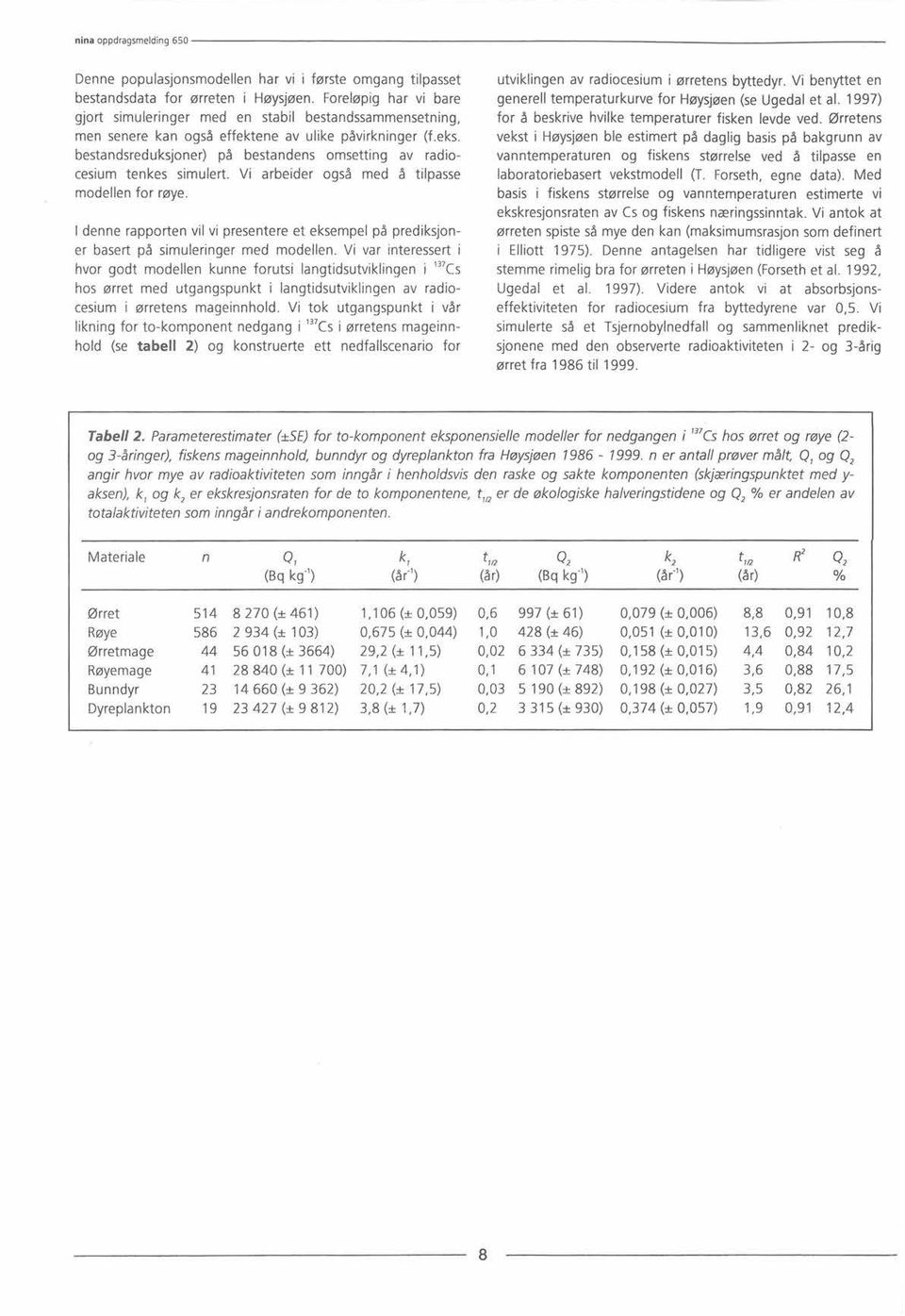 bestandsreduksjoner) på bestandens omsetting av radiocesium tenkes simulert. Vi arbeider også med å tilpasse modellen for røye.