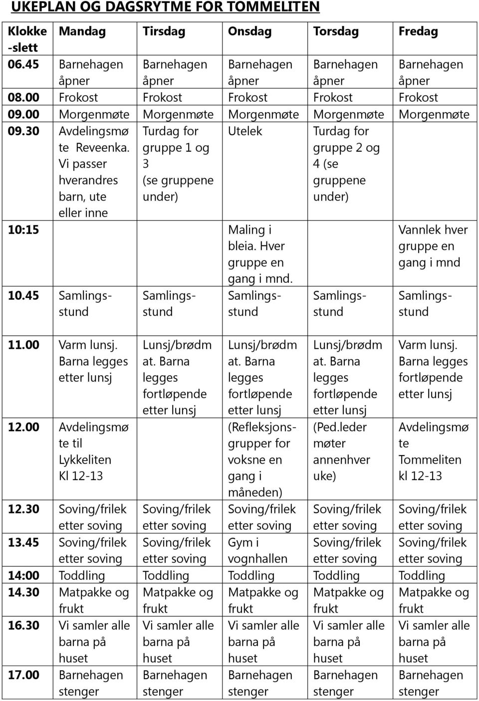 Vi passer hverandres barn, ute eller inne Turdag for gruppe 1 og 3 (se gruppene under) Utelek Turdag for gruppe 2 og 4 (se gruppene under) 10:15 Maling i bleia. Hver gruppe en gang i mnd. 10.45 Samlingsstund 11.