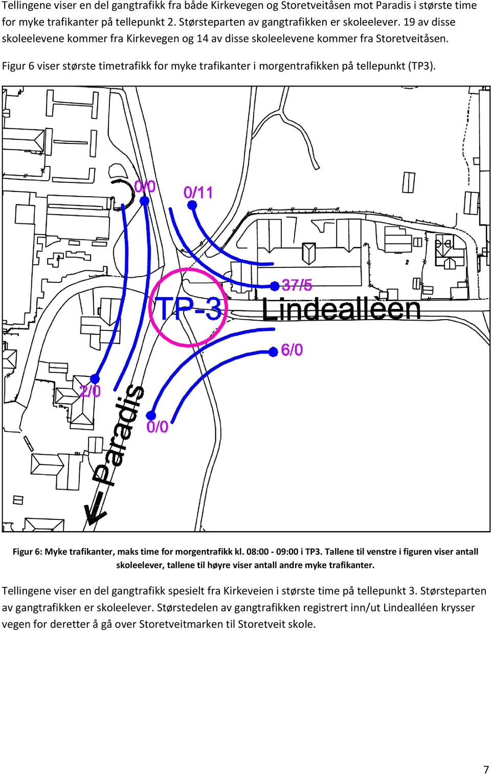 Figur 6: Myke trafikanter, maks time for morgentrafikk kl. 08:00 09:00 i TP3. Tallene til venstre i figuren viser antall, tallene til høyre viser antall andre myke trafikanter.