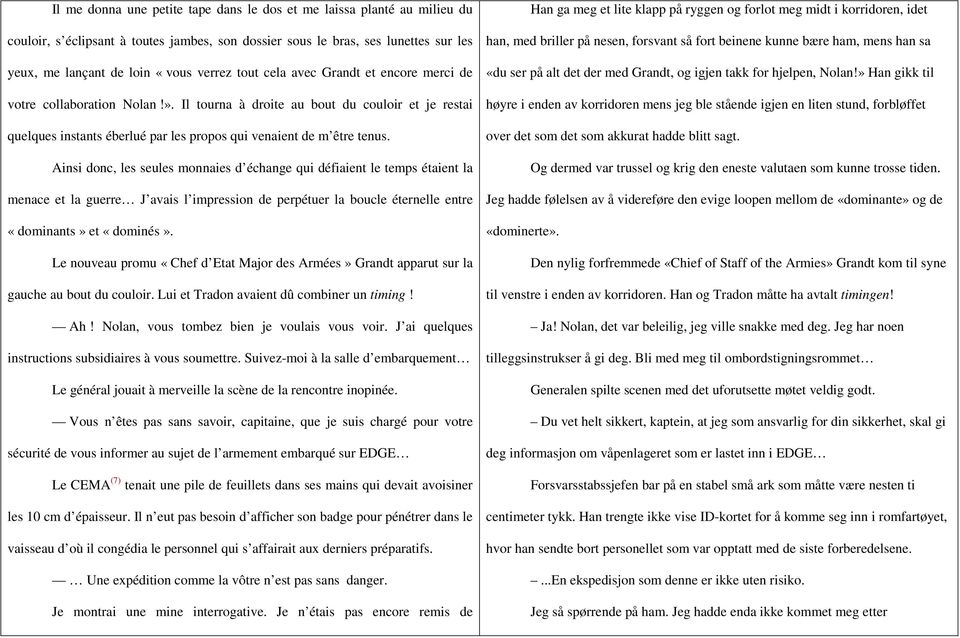 Ainsi donc, les seules monnaies d échange qui défiaient le temps étaient la menace et la guerre J avais l impression de perpétuer la boucle éternelle entre «dominants» et «dominés».