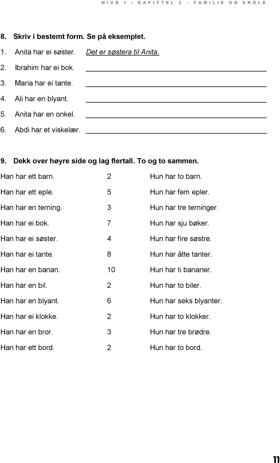 Han har en terning. 3 Hun har tre terninger. Han har ei bok. 7 Hun har sju bøker. Han har ei søster. 4 Hun har fire søstre. Han har ei tante. 8 Hun har åtte tanter. Han har en banan.