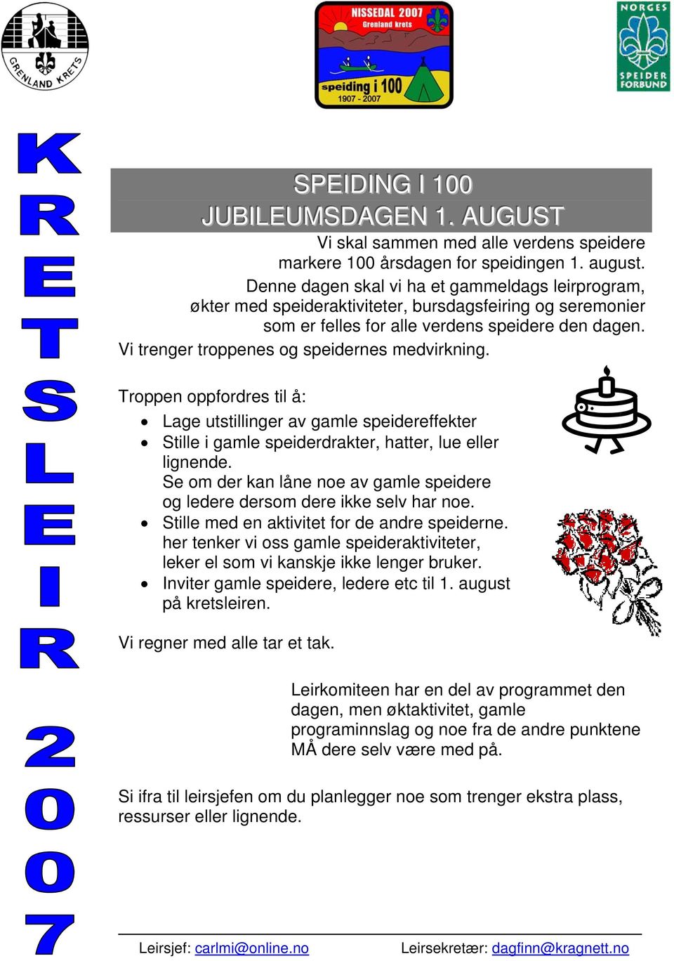 Vi trenger troppenes og speidernes medvirkning. Troppen oppfordres til å: Lage utstillinger av gamle speidereffekter Stille i gamle speiderdrakter, hatter, lue eller lignende.