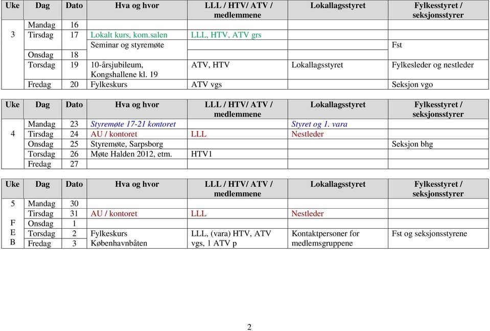 vara 4 Tirsdag 24 AU / kontoret LLL Nestleder Onsdag 25 Styremøte, Sarpsborg Seksjon bhg Torsdag 26 Møte Halden 2012, etm.