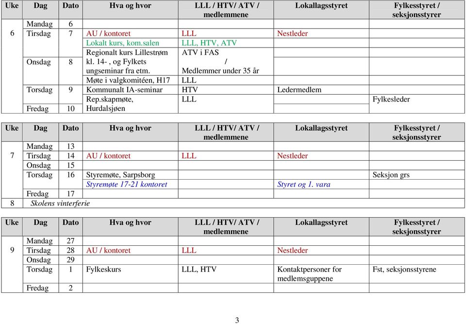 skapmøte, LLL Fylkesleder Fredag 10 Hurdalsjøen Mandag 13 7 Tirsdag 14 AU / kontoret LLL Nestleder Onsdag 15 Torsdag 16 Styremøte, Sarpsborg Seksjon grs Styremøte