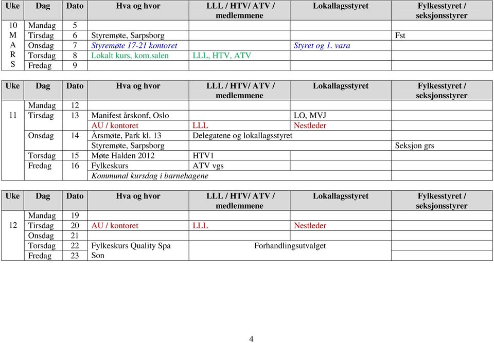 13 Delegatene og lokallagsstyret Styremøte, Sarpsborg Seksjon grs Torsdag 15 Møte Halden 2012 HTV1 Fredag 16 Fylkeskurs ATV vgs Kommunal