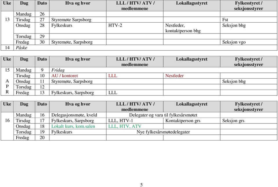 Torsdag 12 R Fredag 13 Fylkeskurs, Sarpsborg LLL Mandag 16 Delegasjonsmøte, kveld Delegater og vara til fylkesårsmøtet 16 Tirsdag 17 Fylkeskurs,