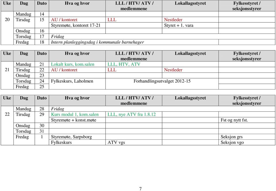 salen LLL, HTV, ATV 21 Tirsdag 22 AU / kontoret LLL Nestleder Onsdag 23 Torsdag 24 Fylkeskurs, Laholmen Forhandlingsutvalget 2012-15 Fredag