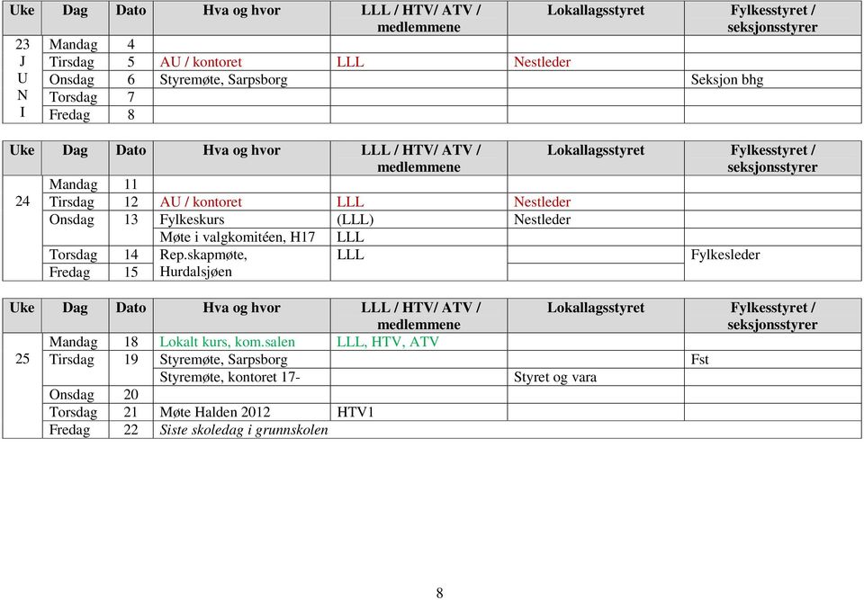 skapmøte, LLL Fylkesleder Fredag 15 Hurdalsjøen Mandag 18 Lokalt kurs, kom.