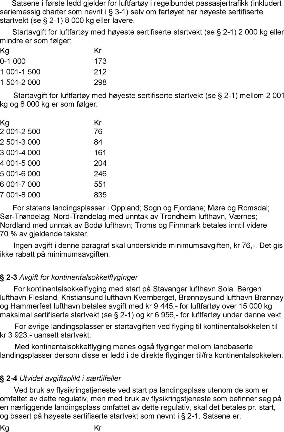 Startavgift for luftfartøy med høyeste sertifiserte startvekt (se 2-1) 2 000 kg eller mindre er som følger: Kg Kr 0-1 000 173 1 001-1 500 212 1 501-2 000 298 Startavgift for luftfartøy med høyeste