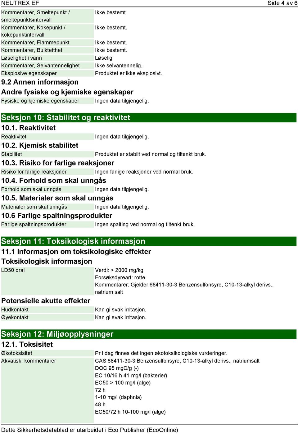 2. Kjemisk stabilitet Stabilitet 10.3. Risiko for farlige reaksjoner Risiko for farlige reaksjoner Ingen farlige reaksjoner ved normal bruk. 10.4. Forhold som skal unngås Forhold som skal unngås 10.5.