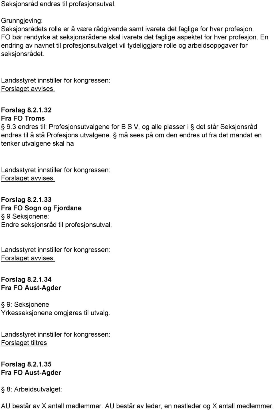 Forslag 8.2.1.32 Fra FO Troms 9.3 endres til: Profesjonsutvalgene for B S V, og alle plasser i det står Seksjonsråd endres til å stå Profesjons utvalgene.