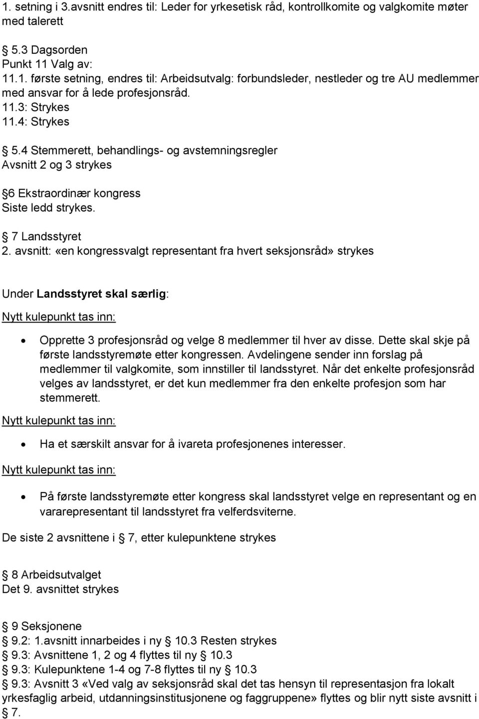 avsnitt: «en kongressvalgt representant fra hvert seksjonsråd» strykes Under Landsstyret skal særlig: Nytt kulepunkt tas inn: Opprette 3 profesjonsråd og velge 8 medlemmer til hver av disse.