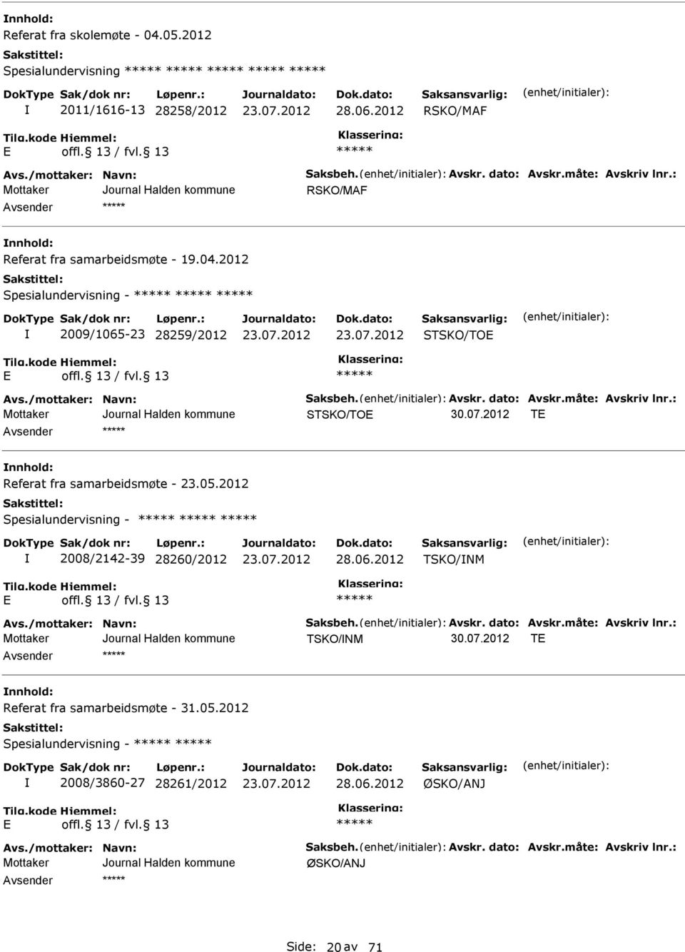 07.2012 TE nnhold: Referat fra samarbeidsmøte - 23.05.2012 Spesialundervisning - 2008/2142-39 28260/2012 28.06.2012 TSKO/NM E vs./mottaker: Navn: Saksbeh. vskr. dato: vskr.måte: vskriv lnr.