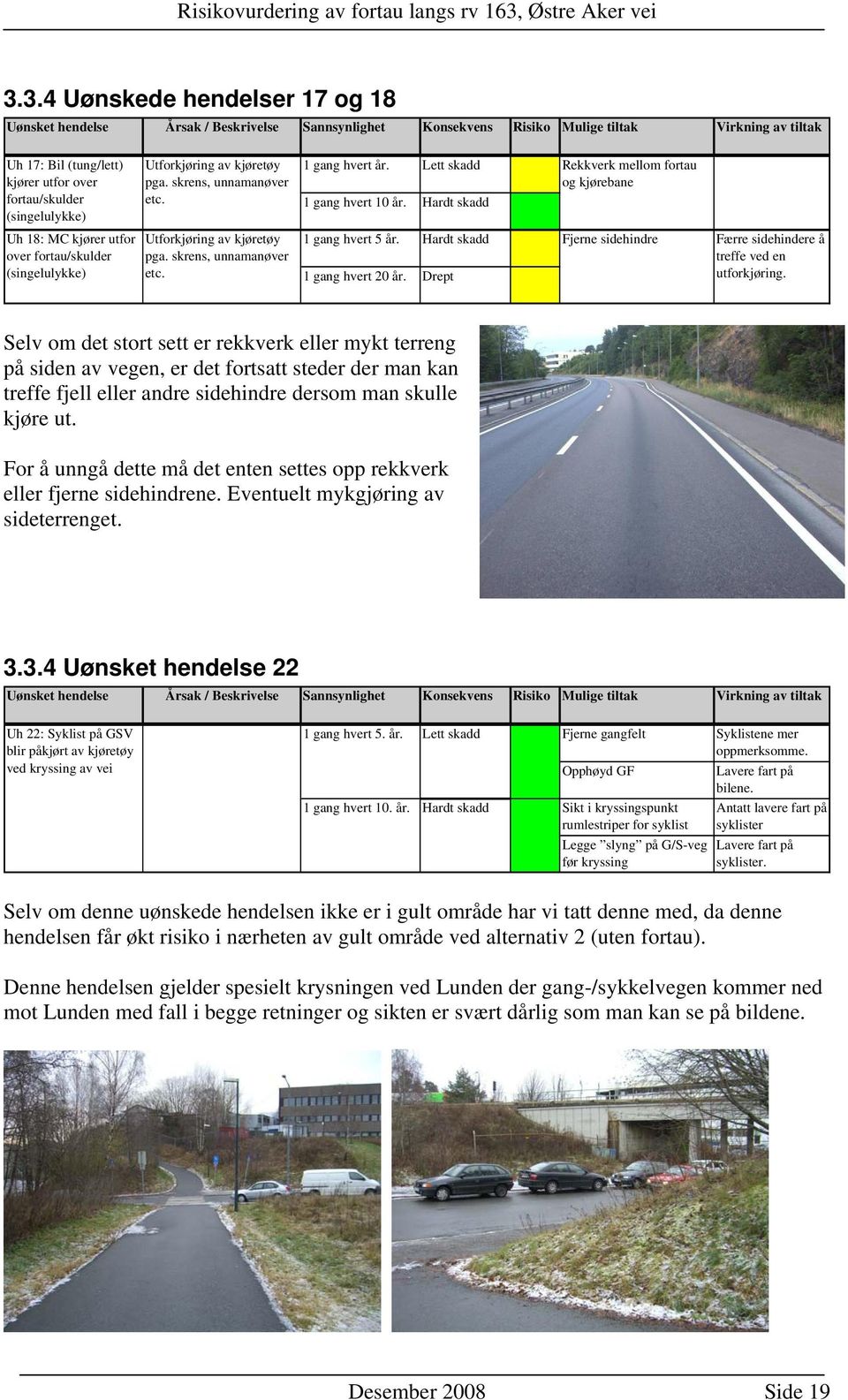 Hardt skadd Rekkverk mellom fortau og kjørebane Uh 18: MC kjører utfor over fortau/skulder (singelulykke) Utforkjøring av kjøretøy pga. skrens, unnamanøver etc. 1 gang hvert 5 år.