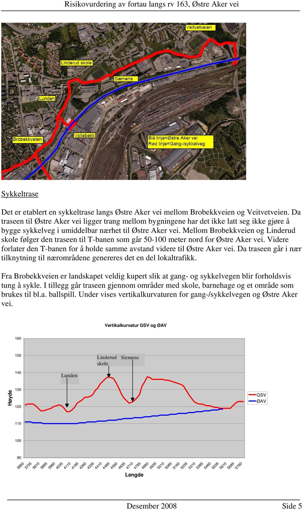 Mellom Brobekkveien og Linderud skole følger den traseen til T-banen som går 50-100 meter nord for Østre Aker vei. Videre forlater den T-banen for å holde samme avstand videre til Østre Aker vei.