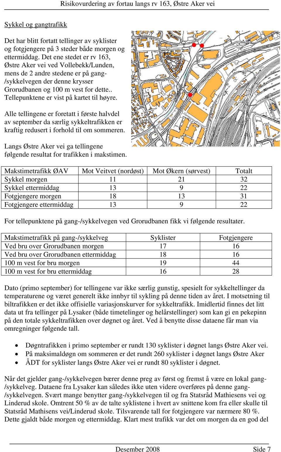 . Tellepunktene er vist på kartet til høyre. Alle tellingene er foretatt i første halvdel av september da særlig sykkeltrafikken er kraftig redusert i forhold til om sommeren.