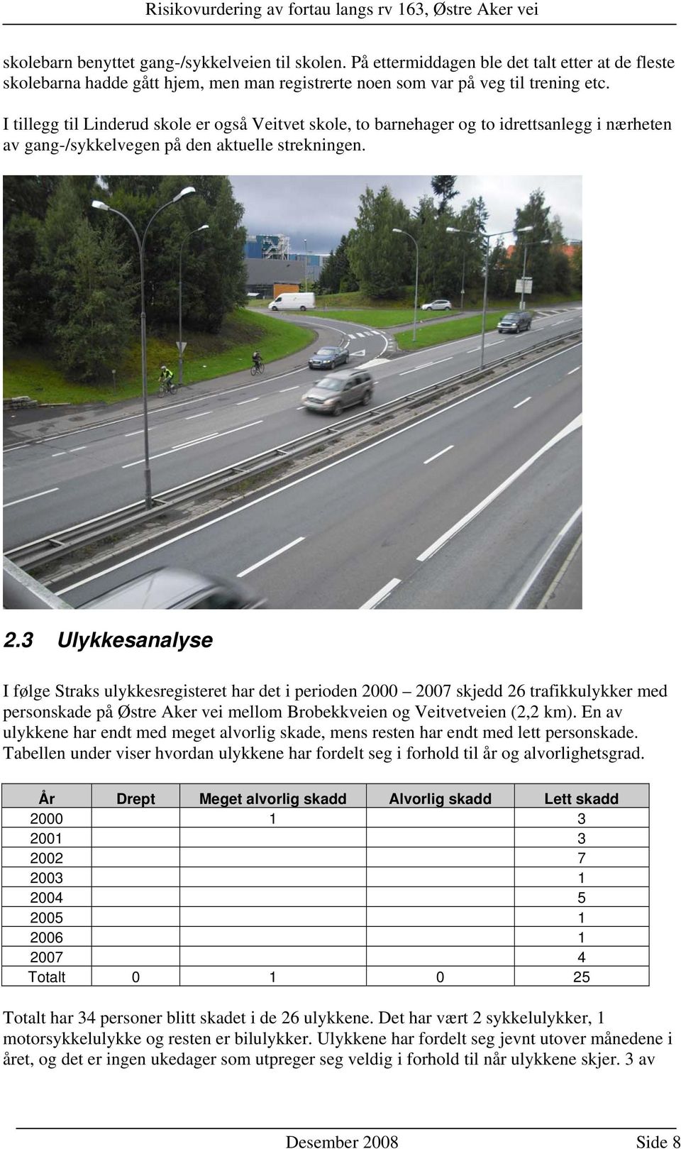 3 Ulykkesanalyse I følge Straks ulykkesregisteret har det i perioden 2000 2007 skjedd 26 trafikkulykker med personskade på Østre Aker vei mellom Brobekkveien og Veitvetveien (2,2 km).