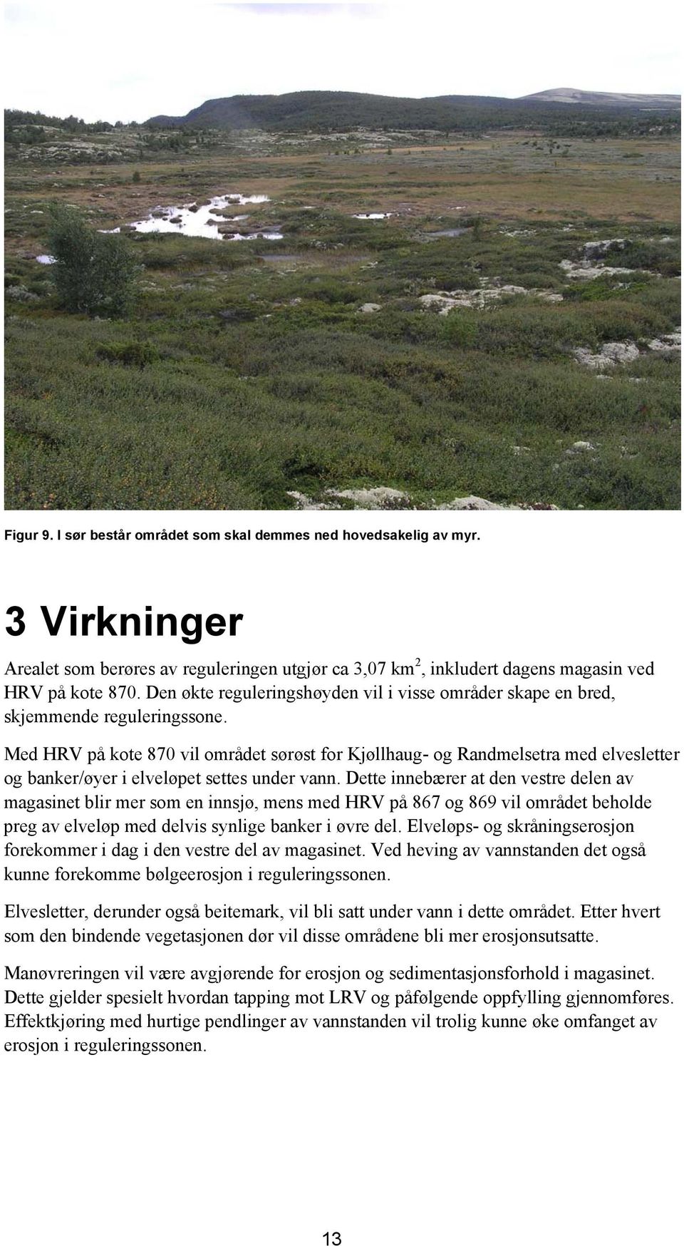 Med HRV på kote 870 vil området sørøst for Kjøllhaug- og Randmelsetra med elvesletter og banker/øyer i elveløpet settes under vann.