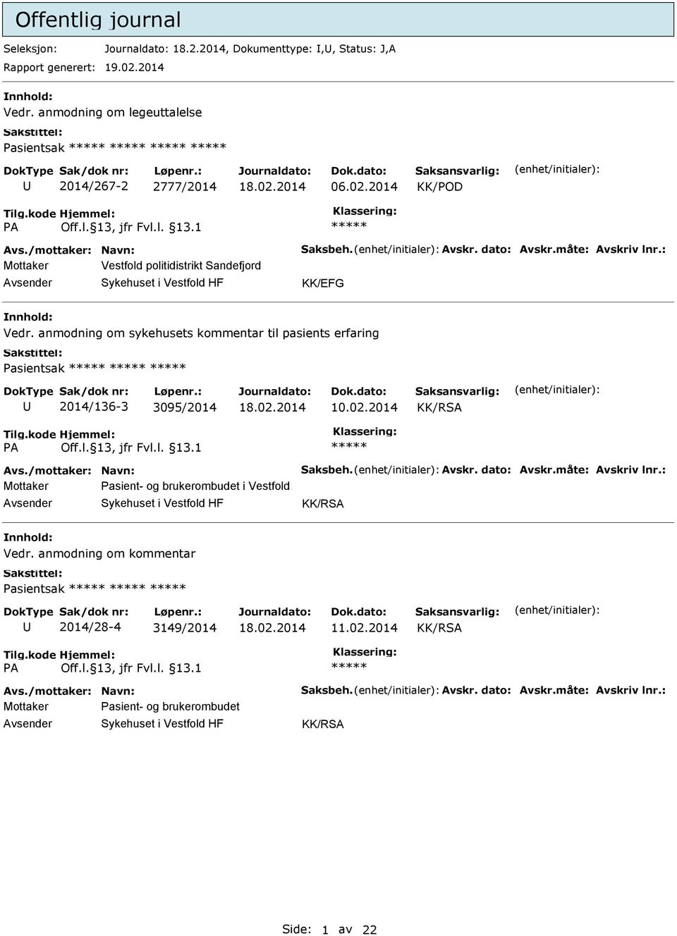 anmodning om sykehusets kommentar til pasients erfaring Pasientsak 2014/136-3 3095/2014 10.02.