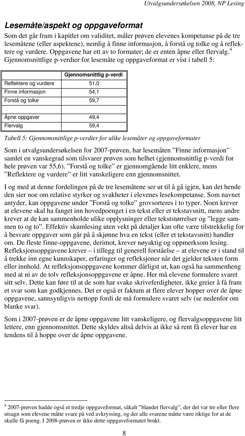 4 Gjennomsnittlige p-verdier for lesemåte og oppgaveformat er vist i tabell 5: Gjennomsnittlig p-verdi Reflektere og vurdere 51,0 Finne informasjon 54,1 Forstå og tolke 59,7 Åpne oppgaver 49,4