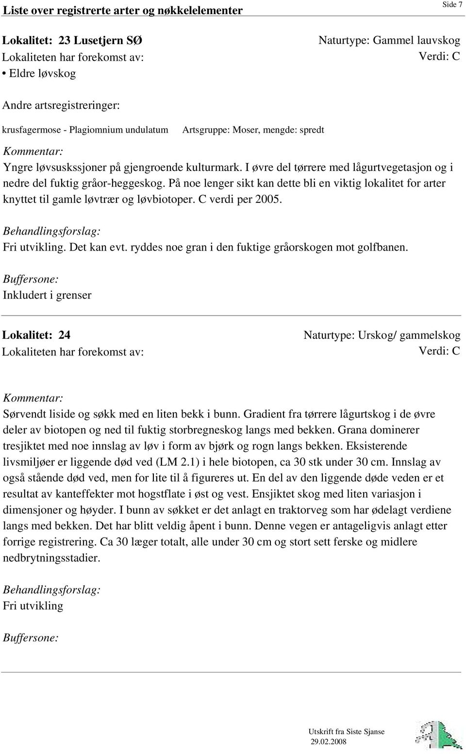 På noe lenger sikt kan dette bli en viktig lokalitet for arter knyttet til gamle løvtrær og løvbiotoper. C verdi per 2005.. Det kan evt. ryddes noe gran i den fuktige gråorskogen mot golfbanen.