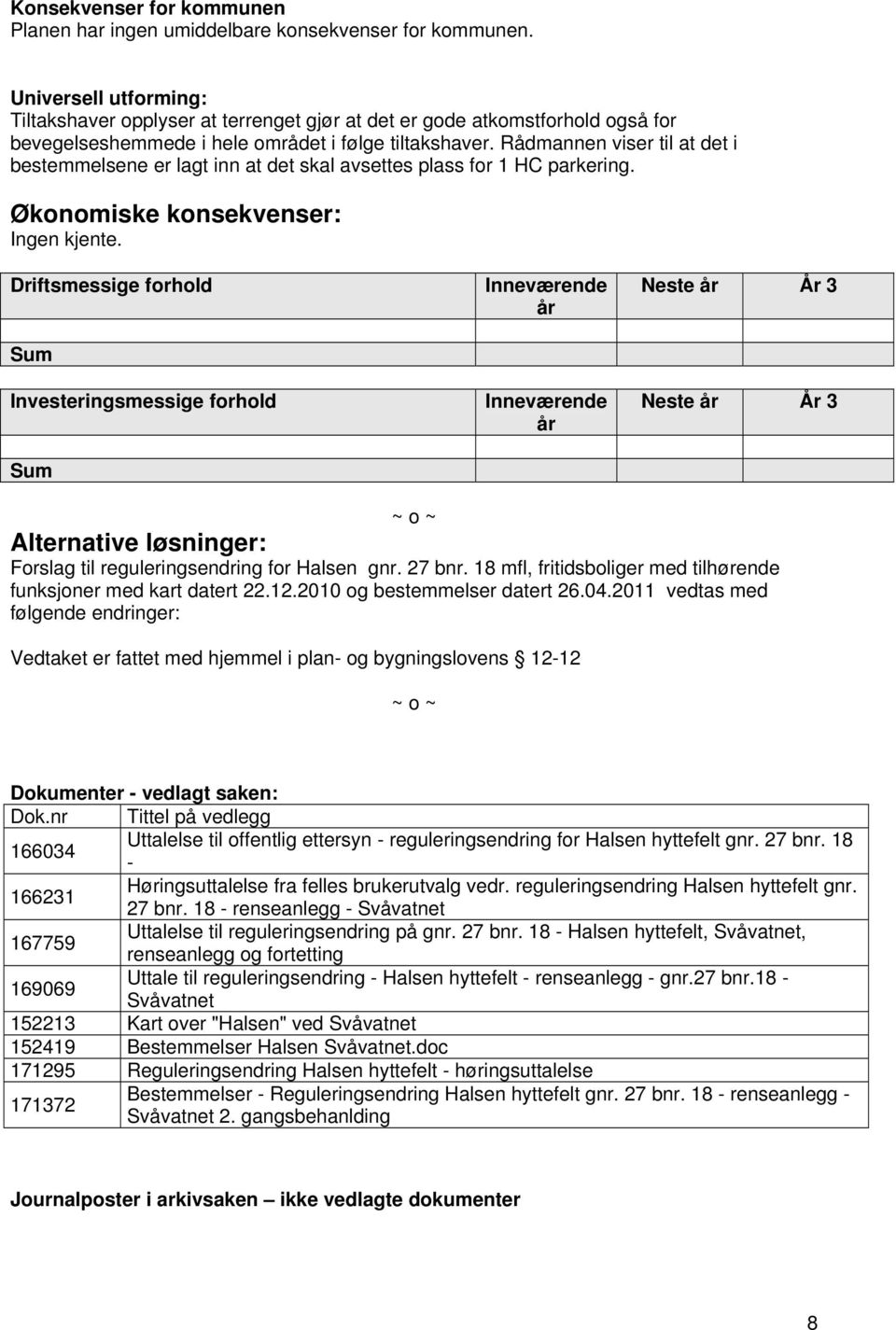 Rådmannen viser til at det i bestemmelsene er lagt inn at det skal avsettes plass for 1 HC parkering. Økonomiske konsekvenser: Ingen kjente.