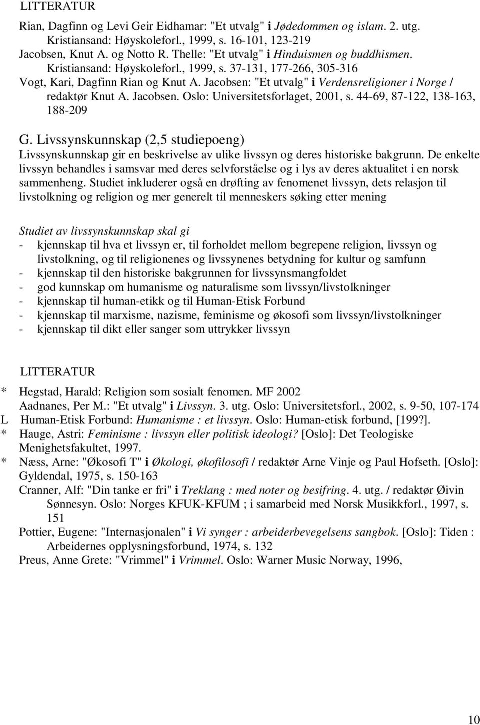 Jacobsen: "Et utvalg" i Verdensreligioner i Norge / redaktør Knut A. Jacobsen. Oslo: Universitetsforlaget, 2001, s. 44-69, 87-122, 138-163, 188-209 G.