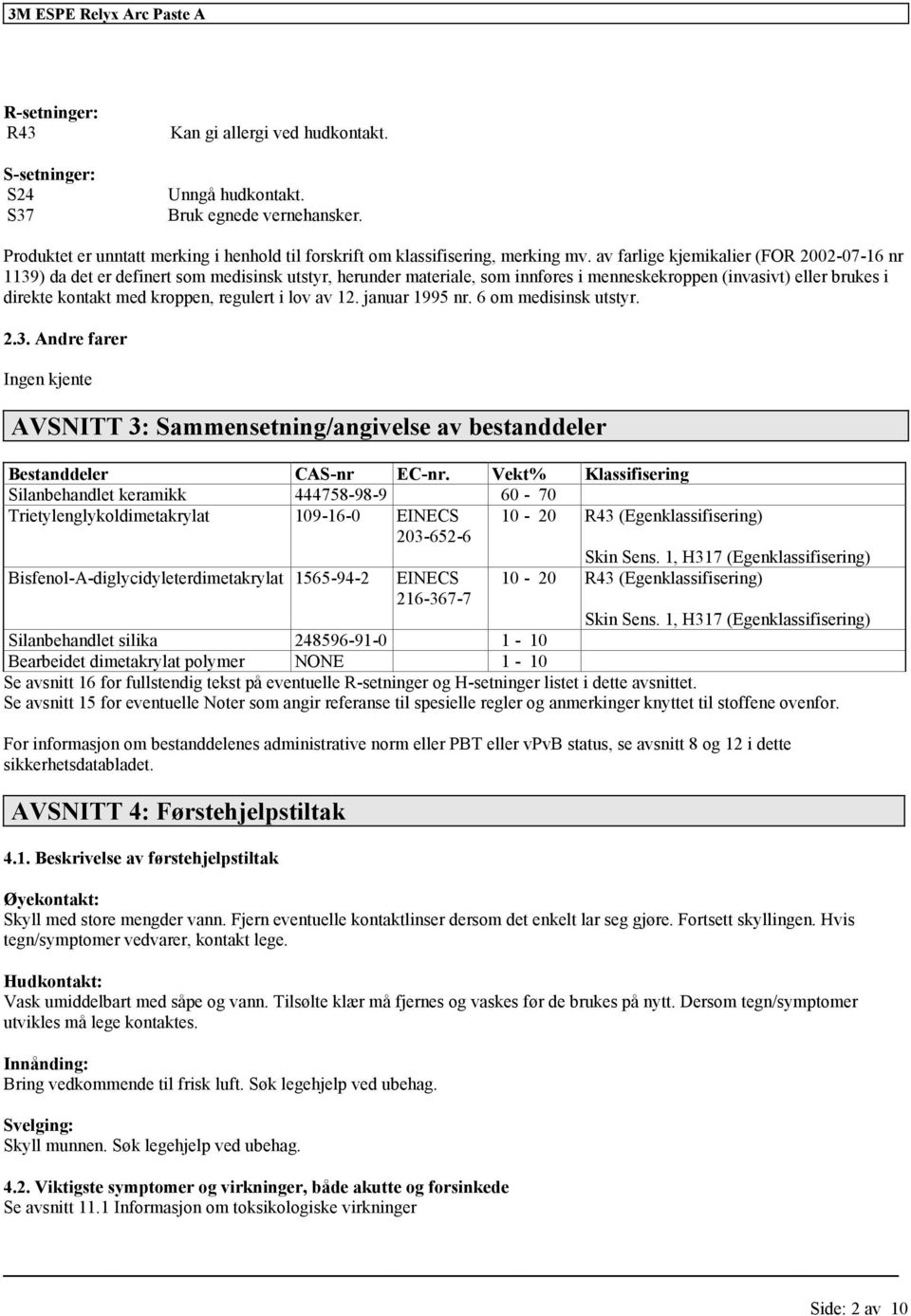 regulert i lov av 12. januar 1995 nr. 6 om medisinsk utstyr. 2.3. Andre farer Ingen kjente AVSNITT 3: Sammensetning/angivelse av bestanddeler Bestanddeler CAS-nr EC-nr.