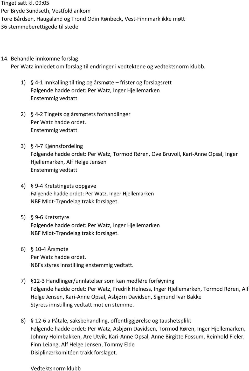 1) 4-1 Innkalling til ting og årsmøte frister og forslagsrett Følgende hadde ordet: Per Watz, Inger Hjellemarken 2) 4-2 Tingets og årsmøtets forhandlinger Per Watz hadde ordet.