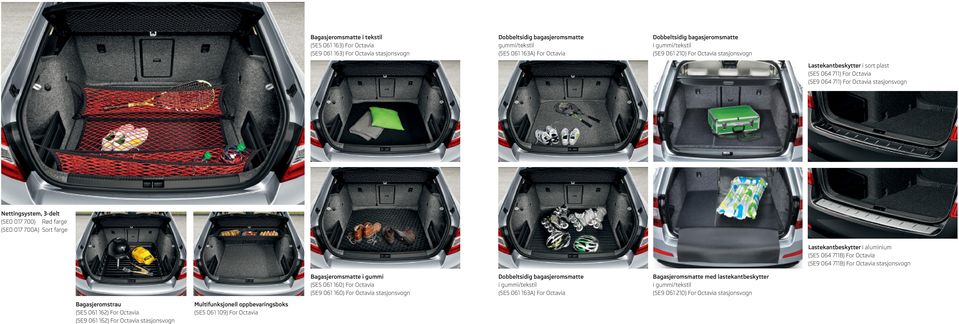 (5E0 017 700A) Sort farge Lastekantbeskytter i aluminium (5E5 064 711B) For Octavia (5E9 064 711B) For Octavia stasjonsvogn Bagasjeromsmatte i gummi (5E5 061 160) For Octavia (5E9 061 160) For