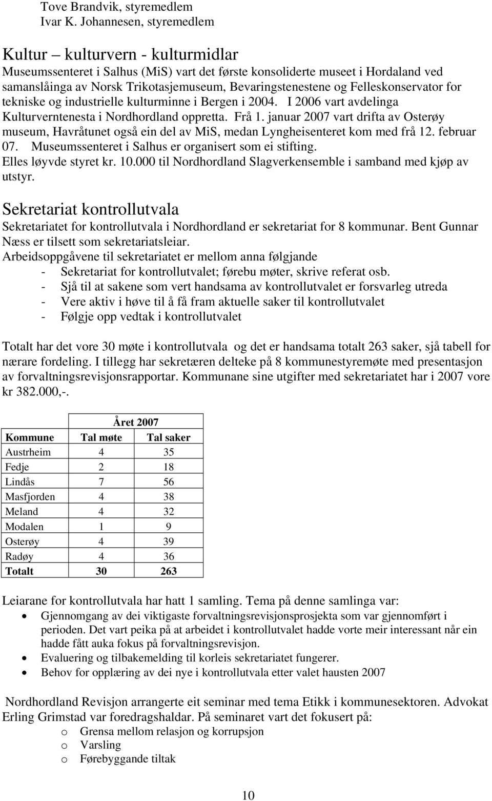 og Felleskonservator for tekniske og industrielle kulturminne i Bergen i 2004. I 2006 vart avdelinga Kulturverntenesta i Nordhordland oppretta. Frå 1.