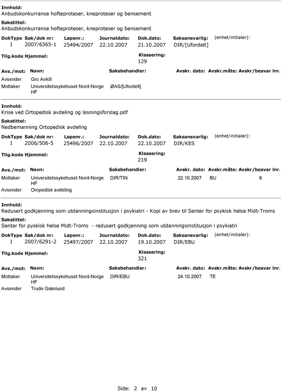 pdf Nedbemanning Ortopedisk avdeling 2006/506-5 25496/2007 DR/KES 219 Mottaker niversitetssykehuset Nord-Norge DR/TN B 6 Avsender Oropedisk avdeling nnhold: Redusert godkjenning som