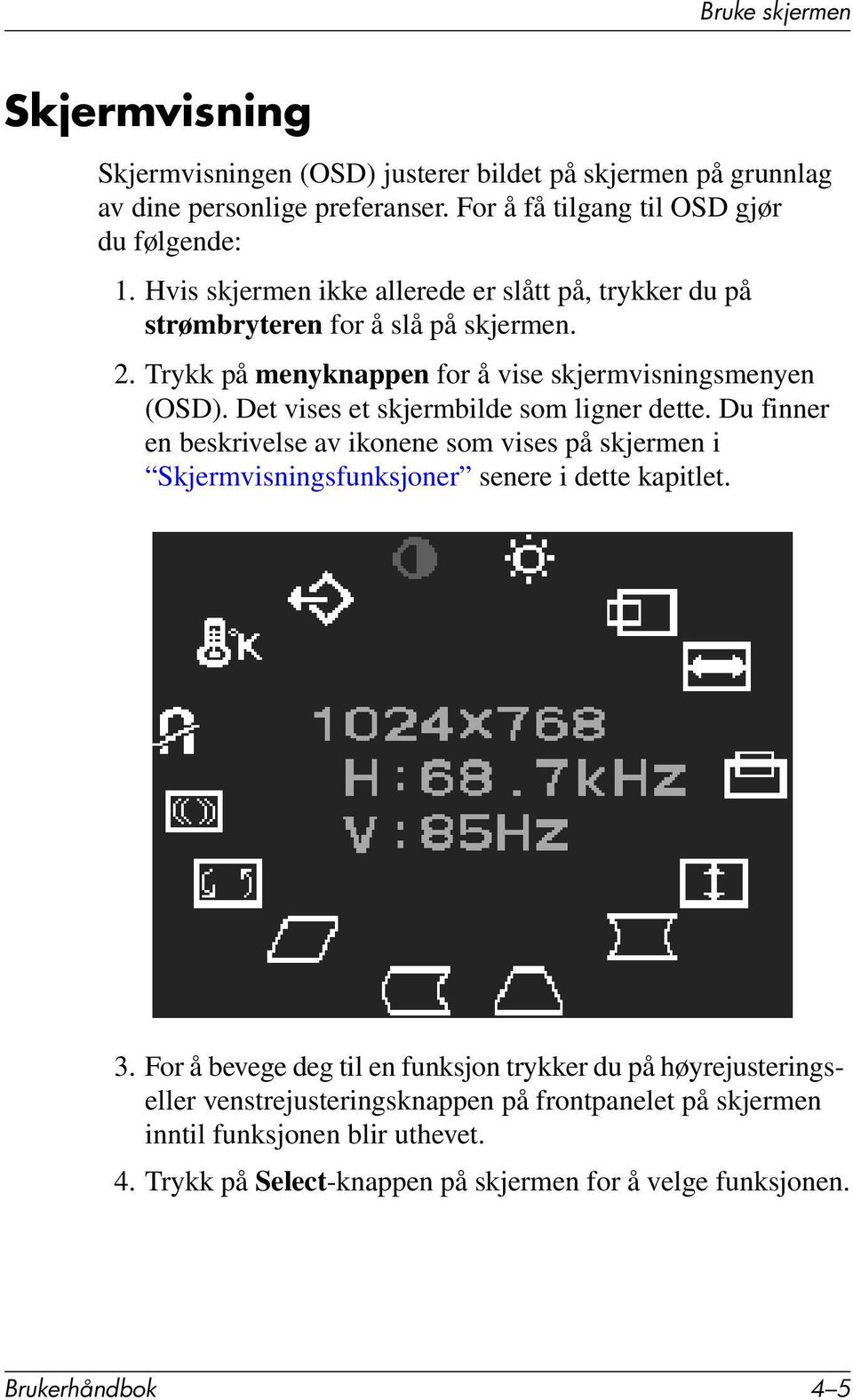 Det vises et skjermbilde som ligner dette. Du finner en beskrivelse av ikonene som vises på skjermen i Skjermvisningsfunksjoner senere i dette kapitlet. 3.