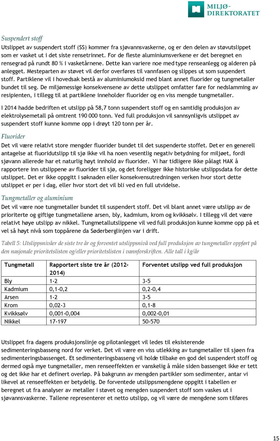 Mesteparten av støvet vil derfor overføres til vannfasen og slippes ut som suspendert stoff. Partiklene vil i hovedsak bestå av aluminiumoksid med blant annet fluorider og tungmetaller bundet til seg.