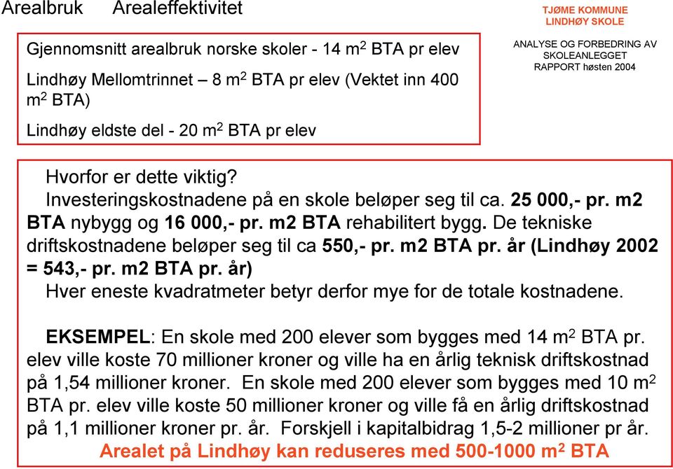 m BTA pr. år (Lindhøy = 54,- pr. m BTA pr. år) Hver eneste kvadratmeter betyr derfor mye for de totale kostnadene. EKSEMPEL: En skole med elever som bygges med 14 m BTA pr.