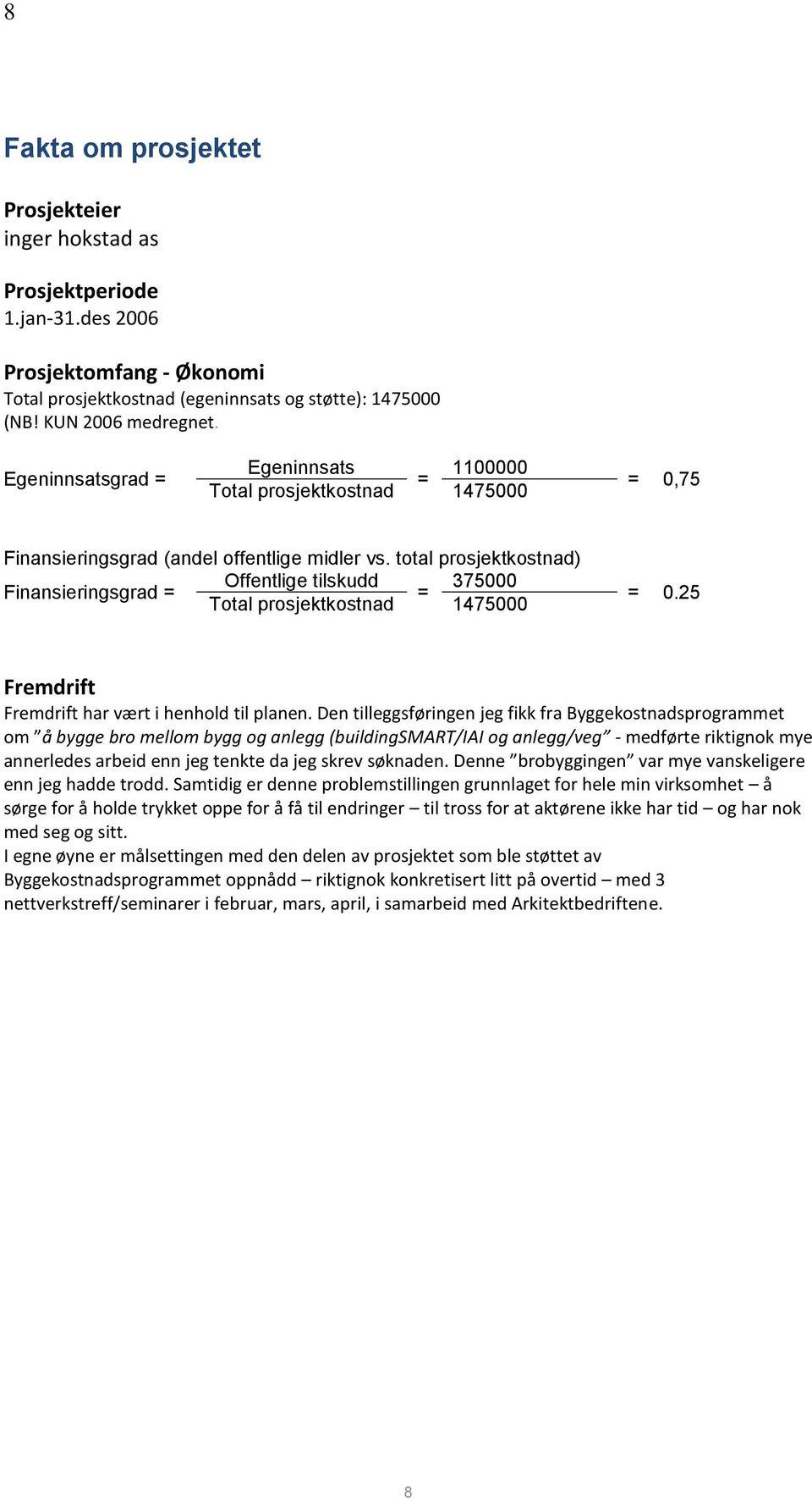 total prosjektkostnad) Offentlige tilskudd 375000 Finansieringsgrad = = Total prosjektkostnad 1475000 = 0.25 Fremdrift Fremdrift har vært i henhold til planen.