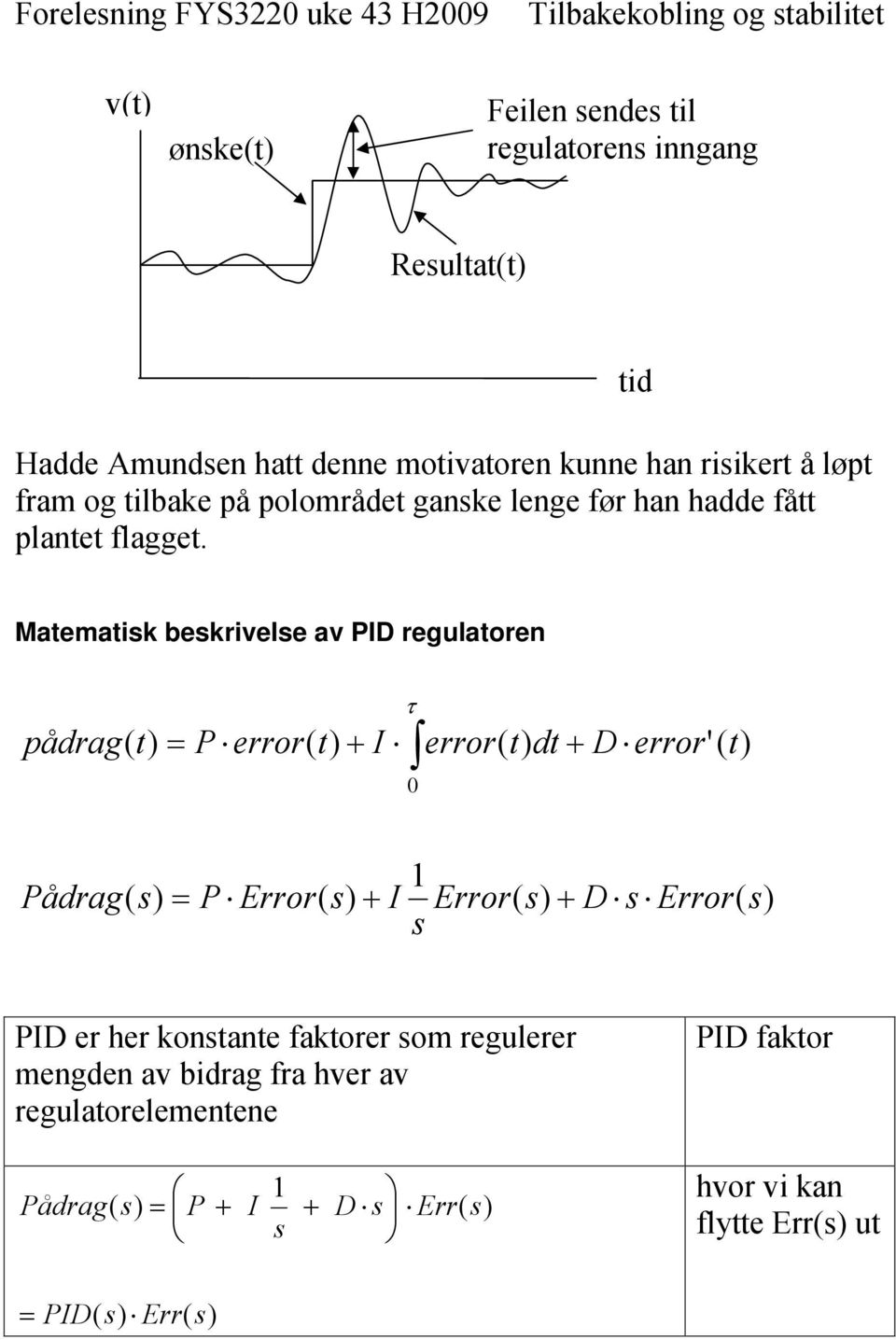 Mtemtik bekrivele v PID regultoren ådrg( t) P error( t) I 0 error( t) dt D error' ( t) Pådrg( ) P Error( ) I Error( ) D Error( )