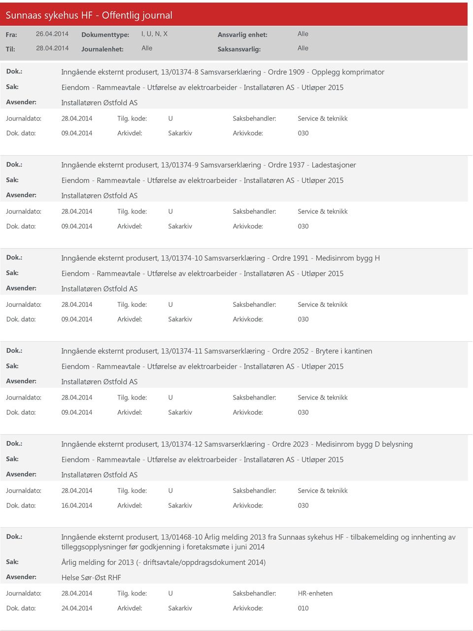 13/01374-10 Samsvarserklæring - Ordre 1991 - Medisinrom bygg H Eiendom - Rammeavtale - tførelse av elektroarbeider - Installatøren AS - tløper 2015 Inngående eksternt produsert, 13/01374-11