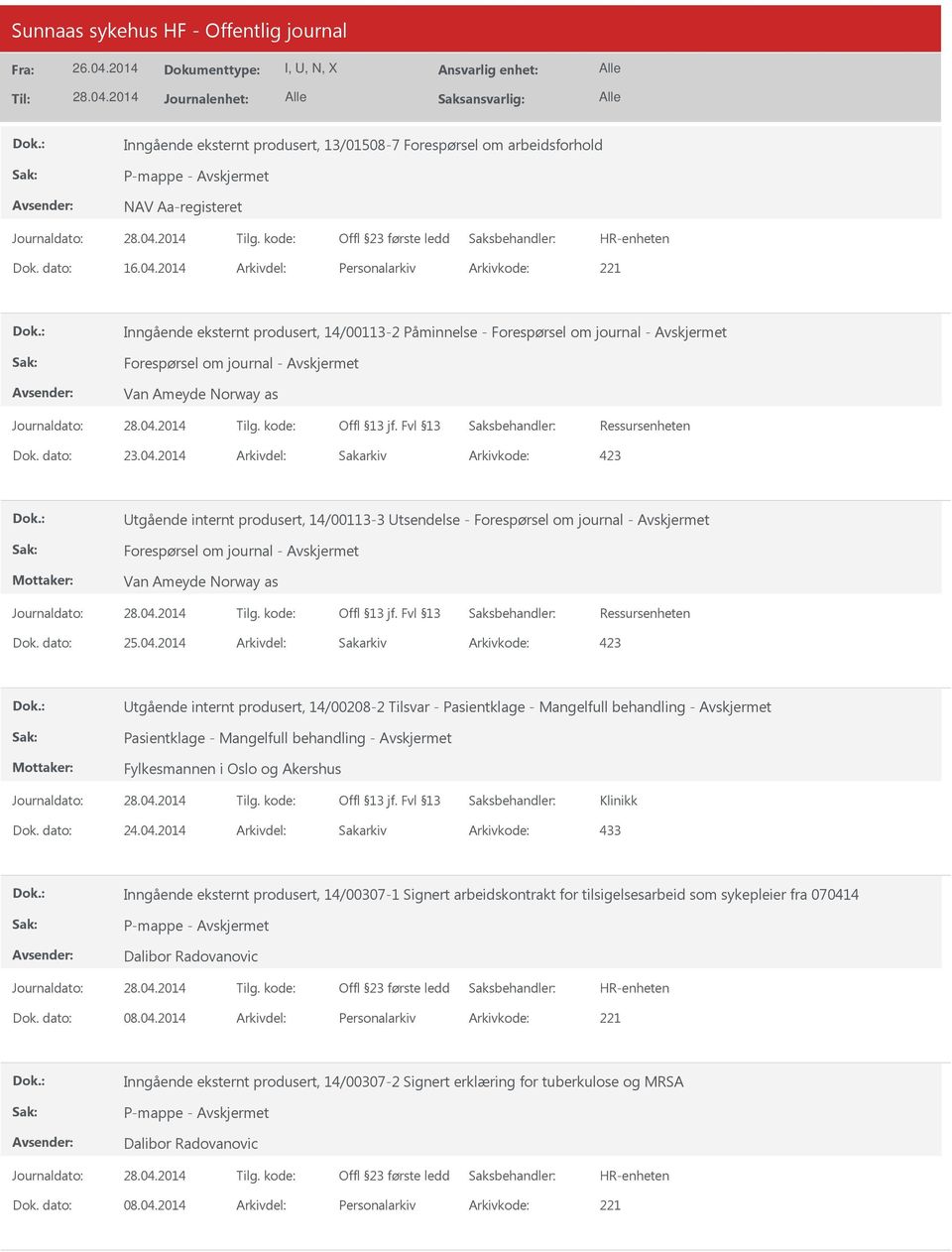 2014 Arkivdel: Sakarkiv tgående internt produsert, 14/00113-3 tsendelse - Van Ameyde Norway as tgående internt produsert, 14/00208-2 Tilsvar - Pasientklage - Mangelfull behandling -