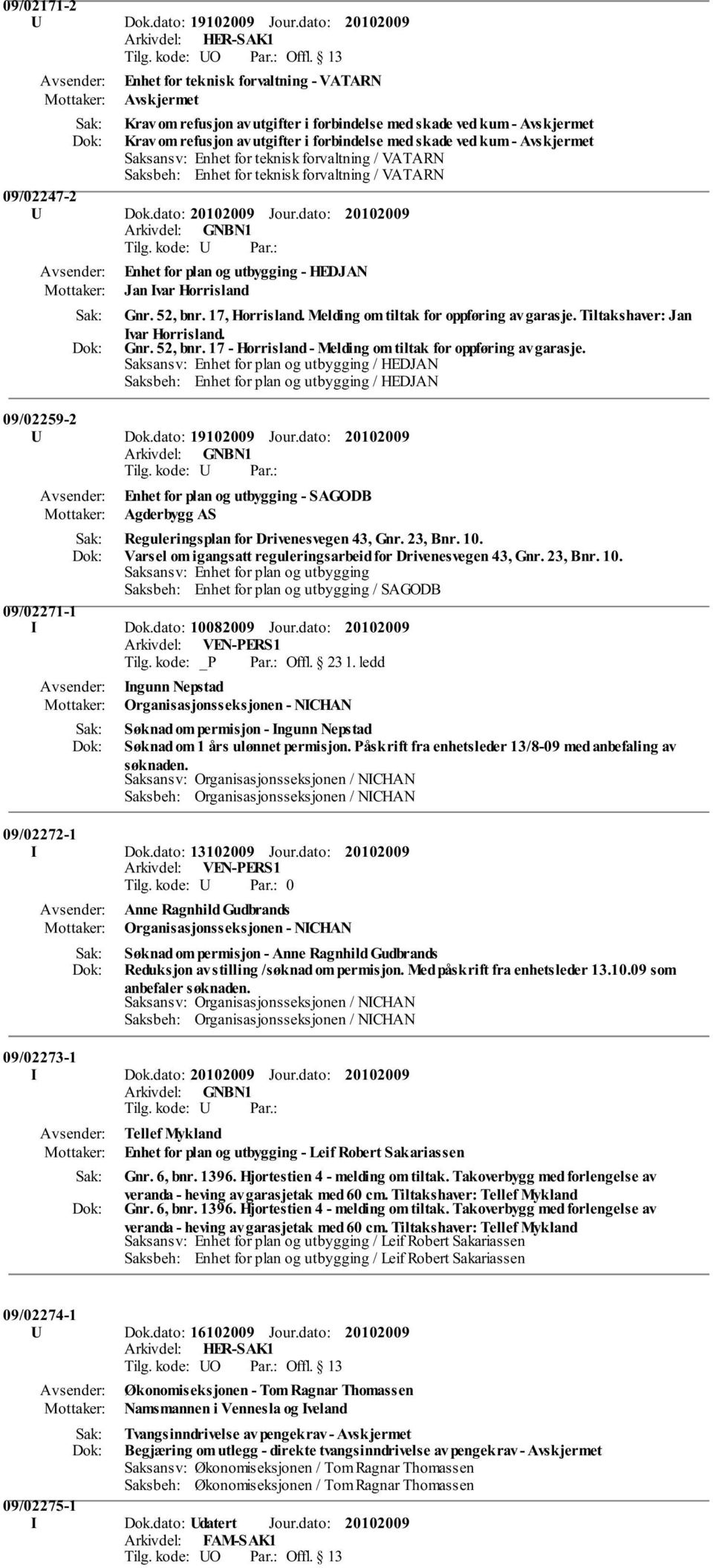 forvaltning / VATARN Saksbeh: Enhet for teknisk forvaltning / VATARN 09/02247-2 U Dok.dato: Jour.dato: Enhet for plan og utbygging - HEDJAN Jan Ivar Horrisland Gnr. 52, bnr. 17, Horrisland.