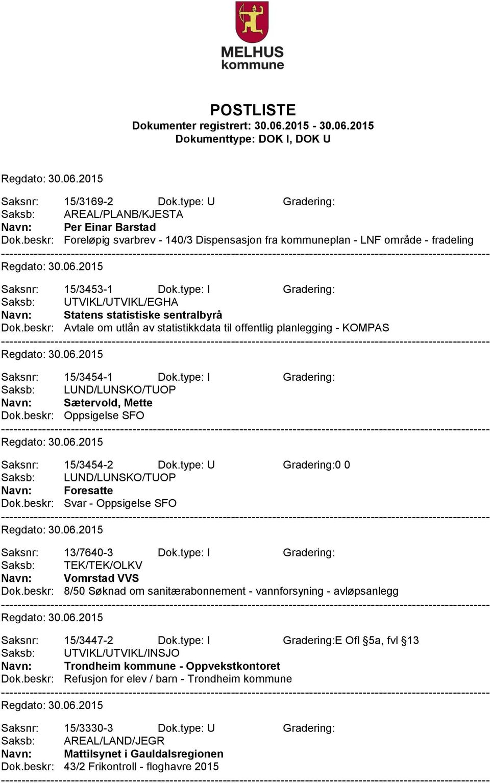 beskr: Avtale om utlån av statistikkdata til offentlig planlegging - KOMPAS Saksnr: 15/3454-1 Dok.type: I Gradering: Navn: Sætervold, Mette Dok.beskr: Oppsigelse SFO Saksnr: 15/3454-2 Dok.