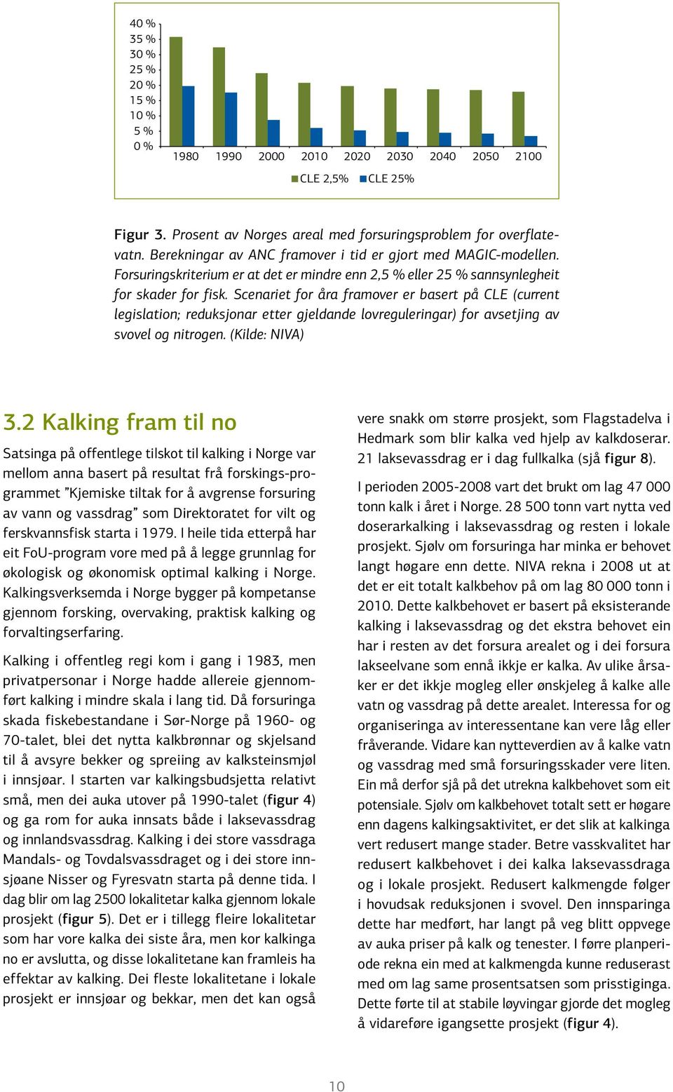 Scenariet for åra framover er basert på CLE (current legislation; reduksjonar etter gjeldande lovreguleringar) for avsetjing av svovel og nitrogen. (Kilde: NIVA) 3.