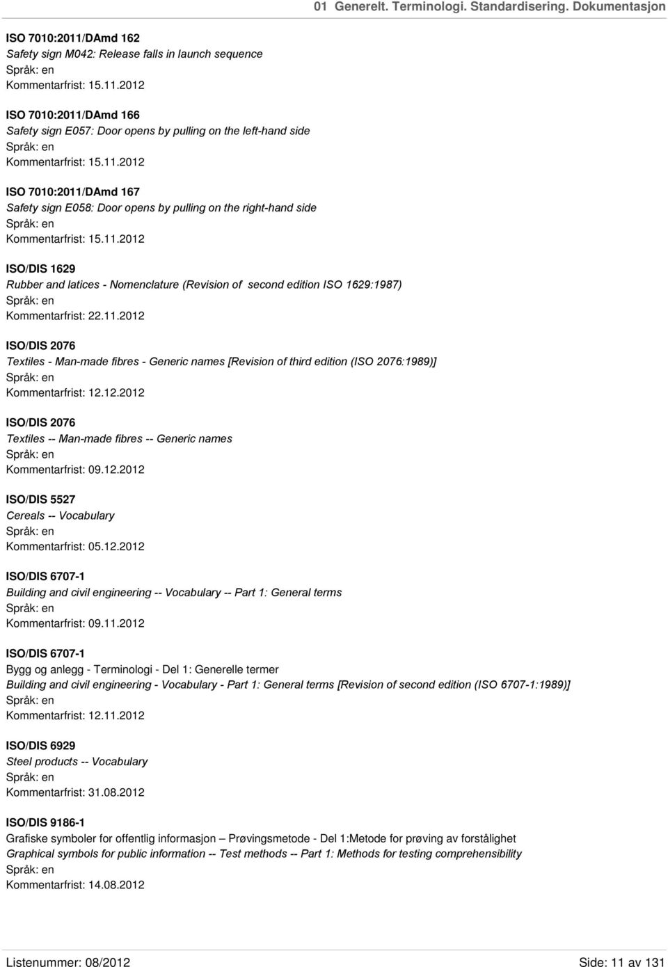 11.2012 ISO/DIS 2076 Textiles - Man-made fibres - Generic names [Revision of third edition (ISO 2076:1989)] Kommentarfrist: 12.12.2012 ISO/DIS 2076 Textiles -- Man-made fibres -- Generic names Kommentarfrist: 09.