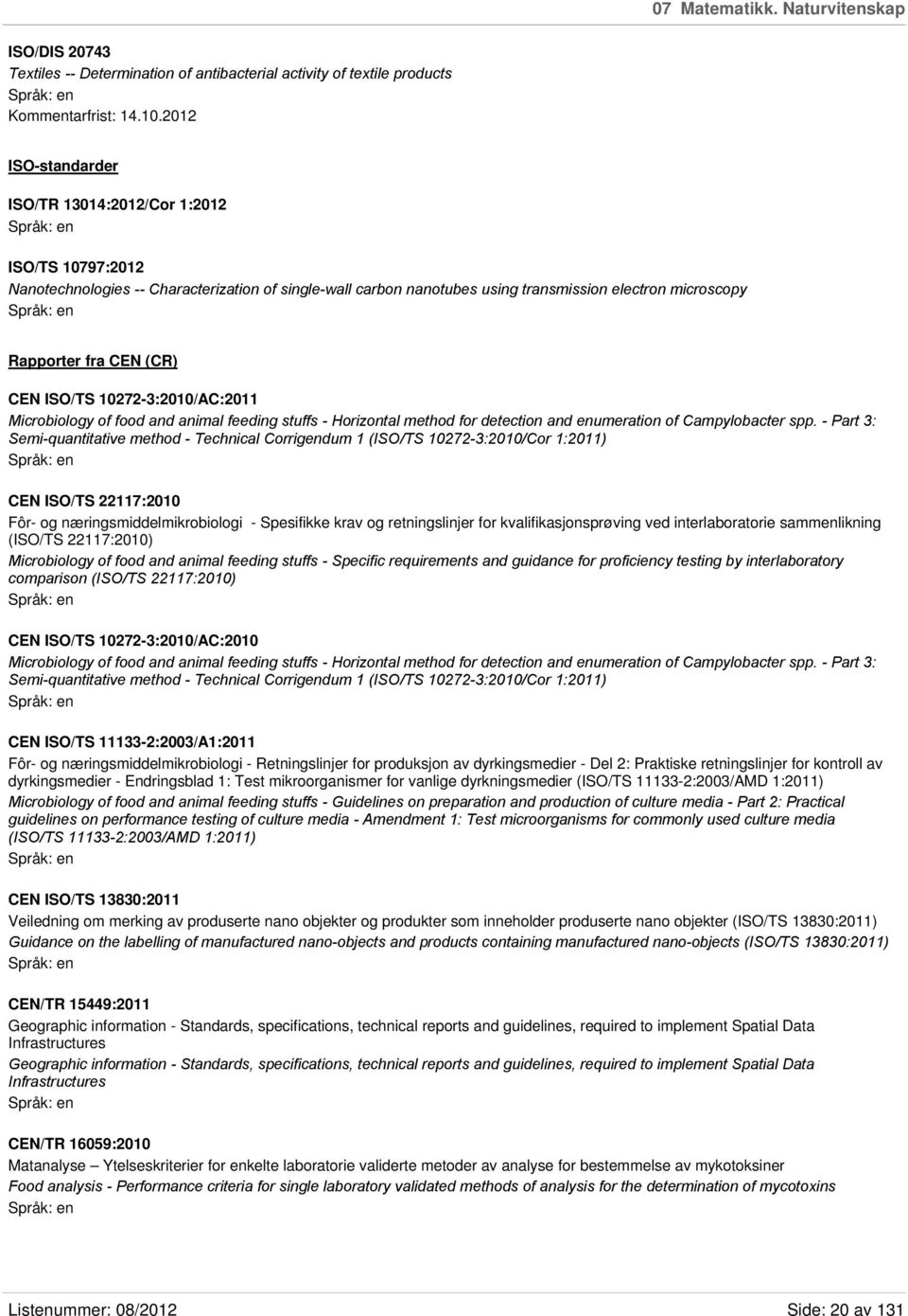 CEN ISO/TS 10272-3:2010/AC:2011 Microbiology of food and animal feeding stuffs - Horizontal method for detection and enumeration of Campylobacter spp.